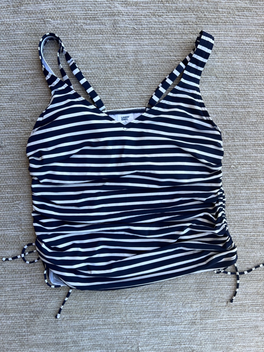 Lands' End Nautical Navy Blue off-White Stripe Rushed V Neck Tankini Top sz 12L